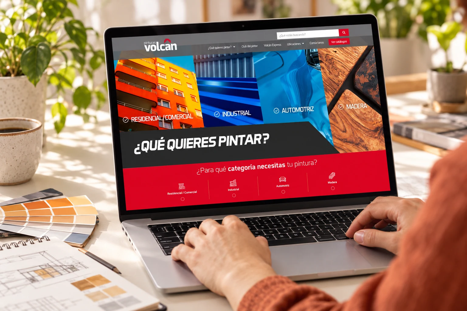 Página de inicio de Pinturas Volcán en un equipo dentro de un espacio de trabajo; experiencia laboral del fundador