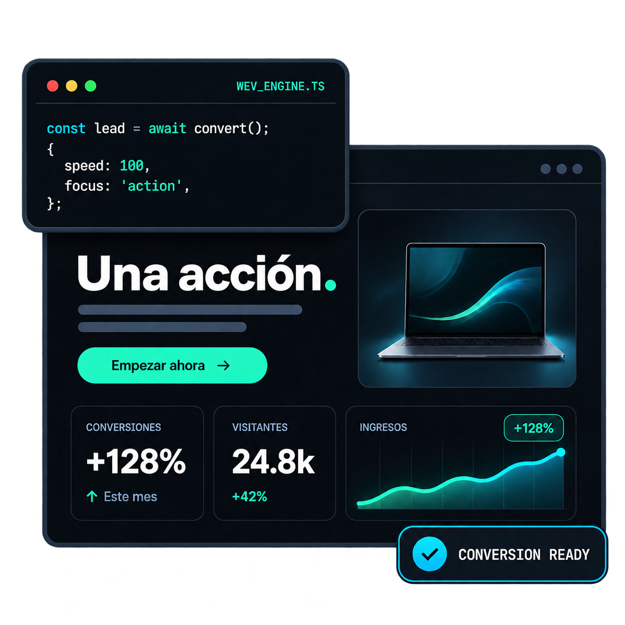 Vista frontal de interfaz y editor de codigo de landing