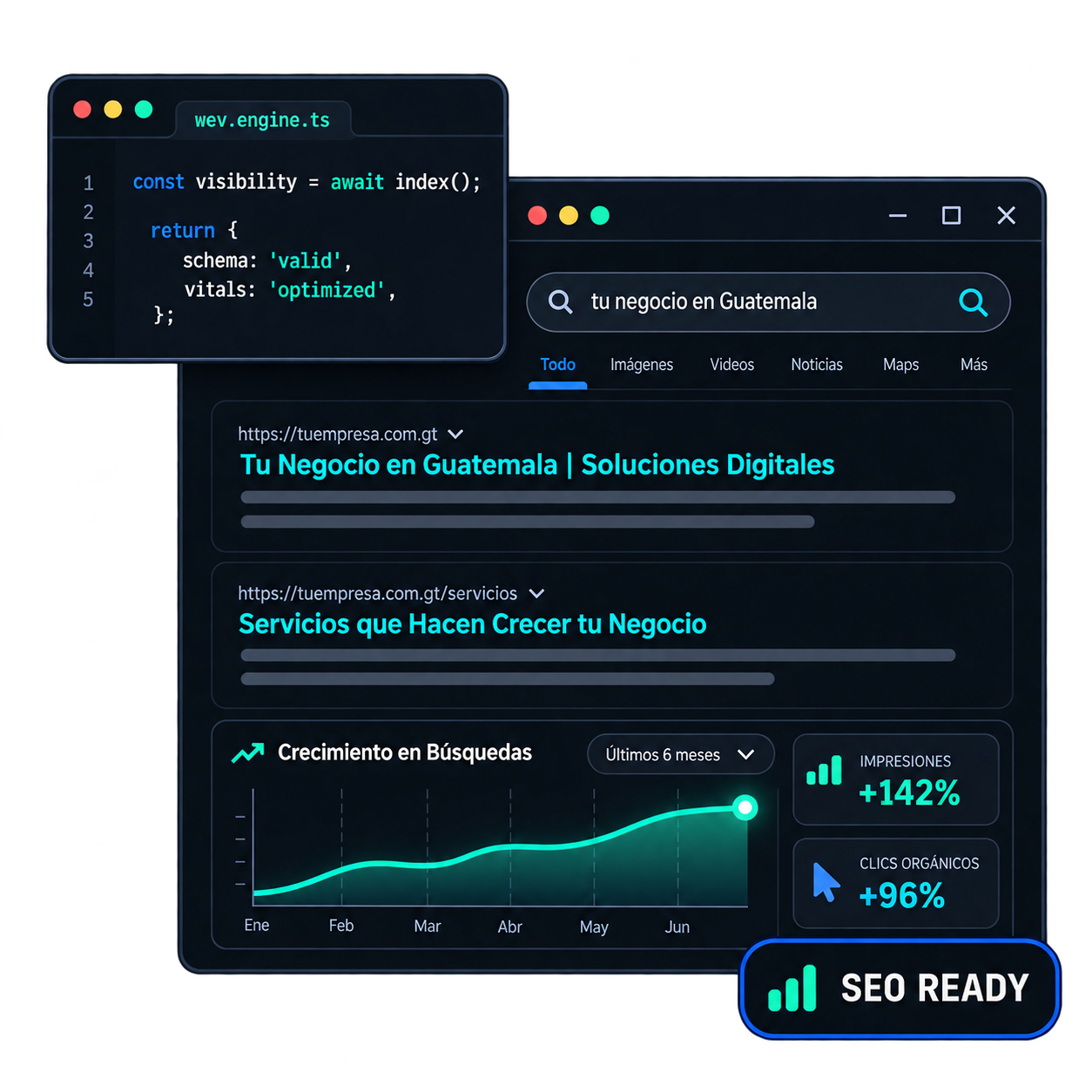 Vista frontal de interfaz y editor de codigo de seo