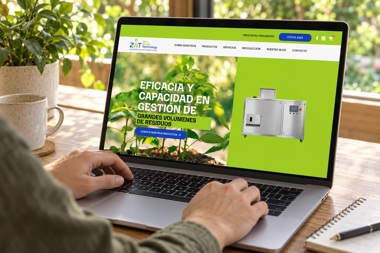 Página de inicio de Zero Waste Technology en un equipo dentro de un espacio de trabajo; experiencia laboral del fundador